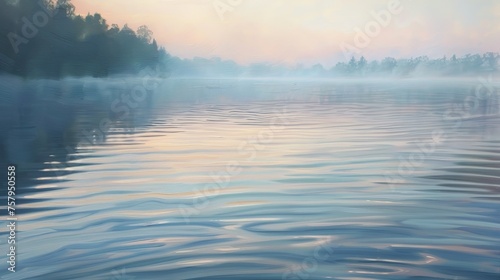 Calmness represented by a serene lake at dawn, with gentle ripples and soft hues