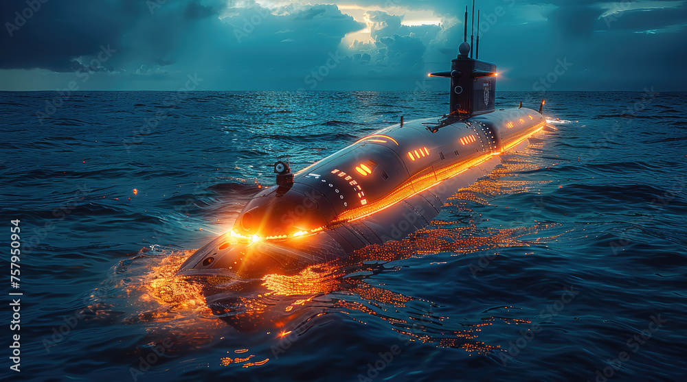 Submarine with orange lighting in the blue ocean. Generative AI.