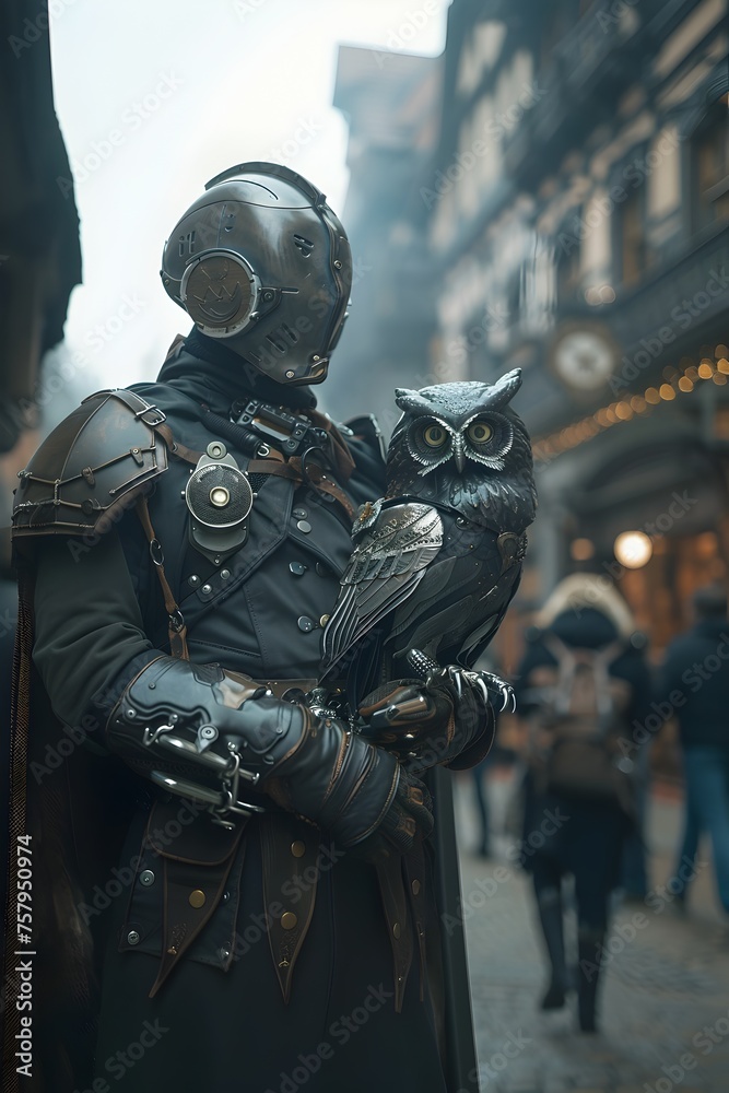 Armored Knight and Mechanical Owl Companion in Steampunk City Streets