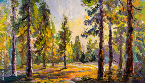 Fototapeta Naklejka Na Ścianę i Meble -  An acrylic style painting of large trees in a forest