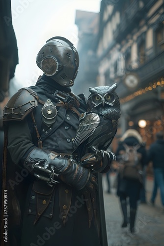Armored Knight and Mechanical Owl Companion in Steampunk City Streets