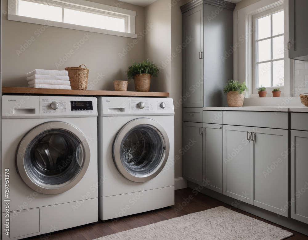 Sophisticated Laundry Room with Elegant Grey Cabinetry and Wooden Worktop Sophisticated Laundry Room with Elegant Grey Cabinetry and Wooden Worktop