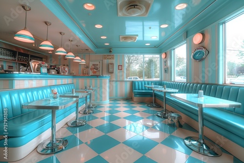 Empty restaurant with a blue booth and a blue table