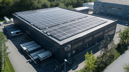 Photovoltaikanlage auf einerm Flachdach aus der Luft Luftansicht Vogelperspektive Firma Bürogebäude mit Solarpanels Generative AI