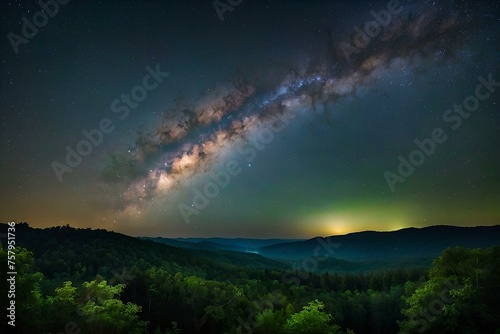 Milky Way Galaxy over the forest  starry night background