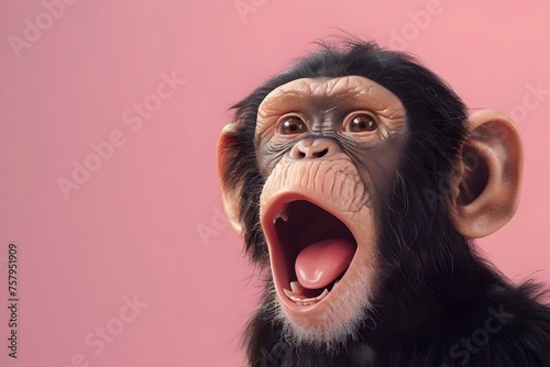 Playful Chimpanzees Expressive Face A Funny Screaming Portrait on a Vibrant Pink Backdrop photo