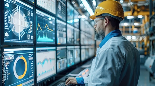 An engineer standing in front of computer screens showing some graphs related to energy generation inside of a nuclear power plant. Generative AI.