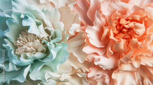 The flowers  reminiscent of sculpture. In pastel pink and blue tones. Abstract trendy background. Generative AI