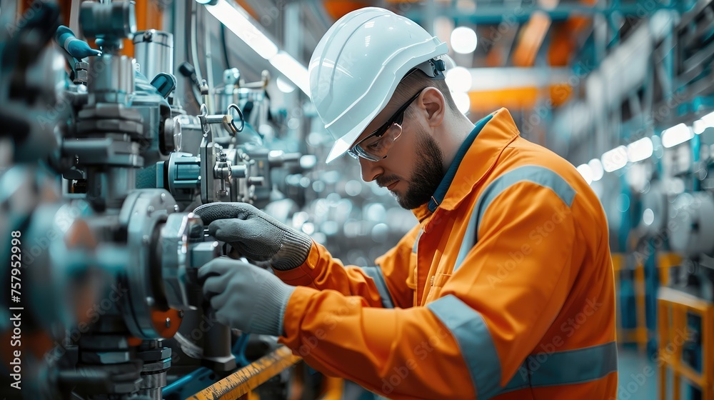 Maintenance worker with orange overalls and white hard hat working on high tech equipment. Generative AI.