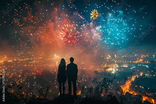 A couple is standing on a rooftop looking at fireworks
