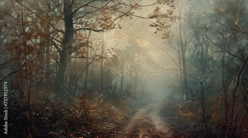 Melancholy captured through a foggy forest path, with muted colors and soft light © Orxan