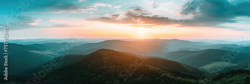 landscape panorama of misty mountains, view into the distance, forests, dawn in the sky, view from the top, aerial photography, for a banner