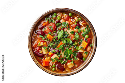 Italian minestrone soup with a colorful mix of vegetables, beans, pasta, and herbs in a tomato-based broth.