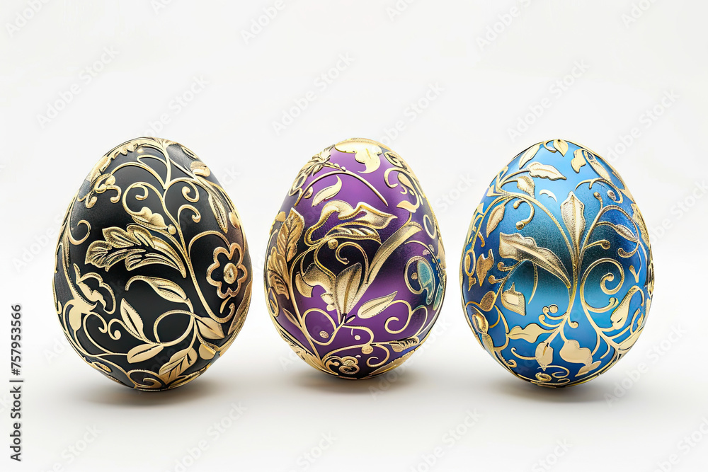 3 easter eggs with gold floral ornamentation isolated on white background 3 easter eggs with gold floral ornamentation isolated on white background
