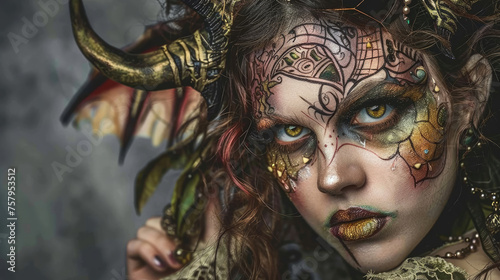 Fantasy concept. Makeup of mystical creature with patterns and horns