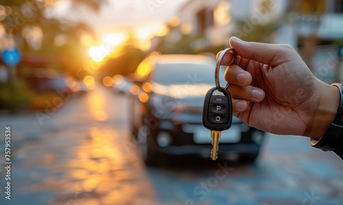 Hand with keys or car control, buy car on the background of a blurred used car. Generative AI.
