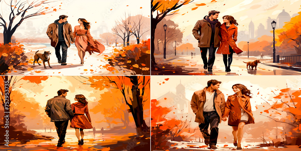 A couple walks in the park. Illustration Beautiful and romantic scene. Ideal for use in greeting cards, posters or social media posts.