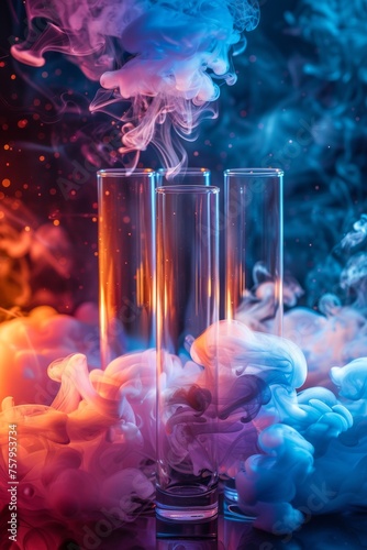 Laboratory flasks in multi-colored smoke, selective focus