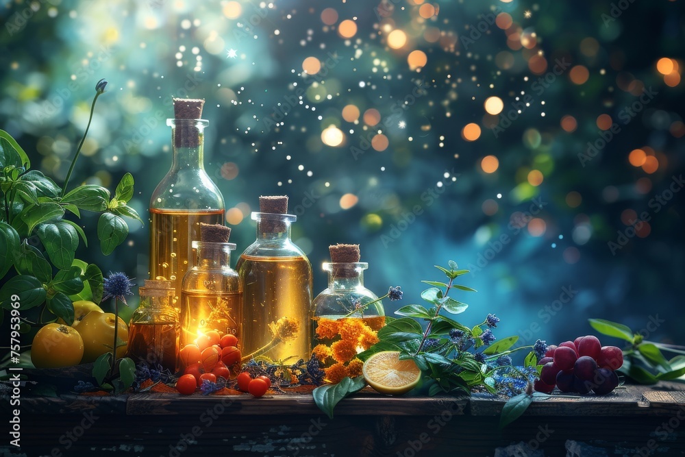 A laboratory where organic essences are extracted from vegetables and fruits in flasks to create medicines for health and beauty A laboratory where organic essences are extracted from vegetables and fruits in flasks to create medicines for health and beauty