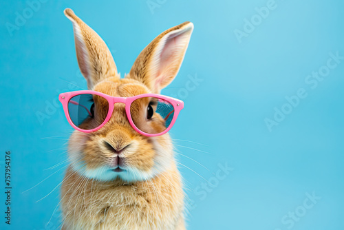 close up of a happy smiling rabbit wearing sunglasses isolated on a blue background
