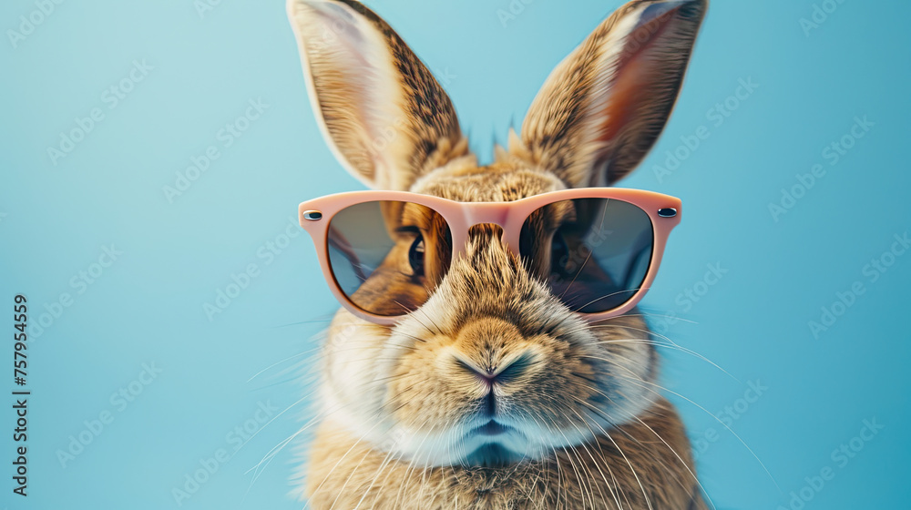 close up of a happy smiling rabbit wearing sunglasses isolated on a blue background close up of a happy smiling rabbit wearing sunglasses isolated on a blue background