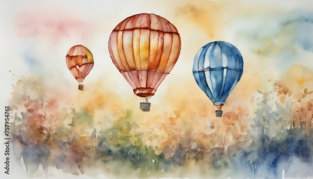 Fototapeta premium Pastel Hot Air Balloons Floating Over Autumn Watercolor Landscape