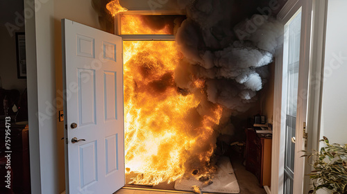 Home fire with smoke coming from a burning room under the door