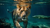 Lioness in the water. Wildlife scene from a nature.