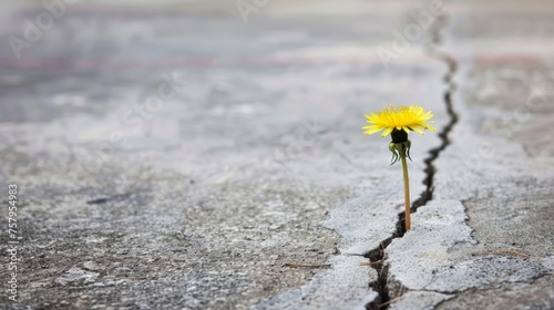 Resilience depicted by a single dandelion growing through a crack in concrete © Orxan