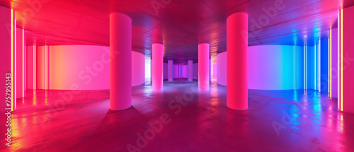 Empty neon-lit futuristic corridor with pink and blue lights and reflective floor. Generative AI