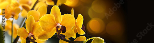 Banner with vibrant yellow orchids flowers. Generative AI