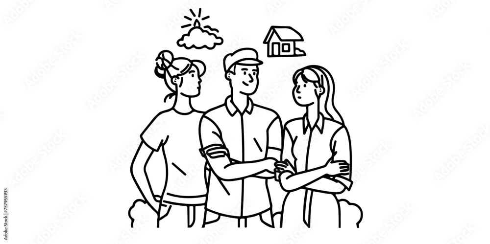 A family thinking about disaster prevention vector line art, illustration, preparedness, safety, emergency planning, crisis management,