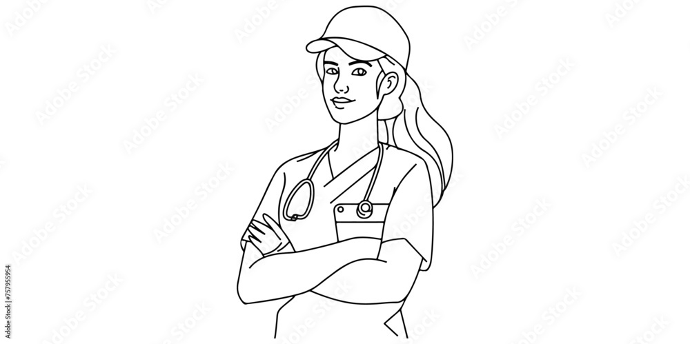 Continue one line drawing of A female nurse posing with a binder vector line art, illustration, healthcare, medical professional, occupation, uniform, clipboard