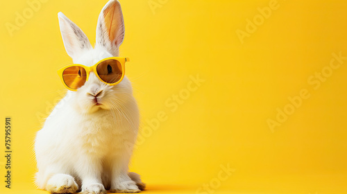 cute white rabbit with yellow glasses isolated on yellow background