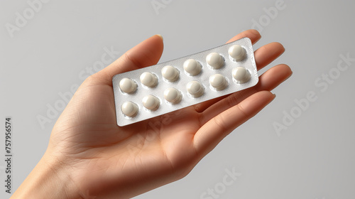 Hand holding a blister pack of pills. white background