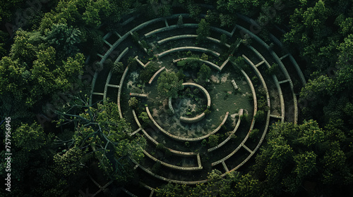 Aerial view of green garden labyrinth. Mysterious landscape design. Generative AI © AngrySun