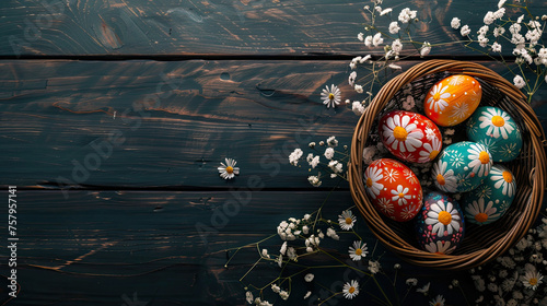 top view Easter eggs in wicker basket on wooden background with copy space