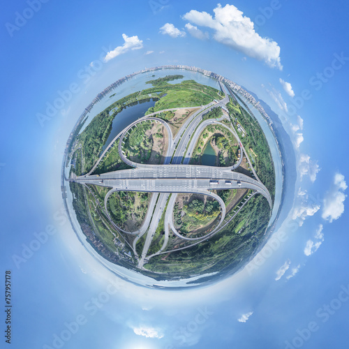 little planet image of city interchange overpass