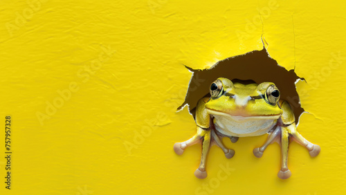 Charming green frog popping out from a torn yellow wall, showing excitement and surprise in a humorous way
