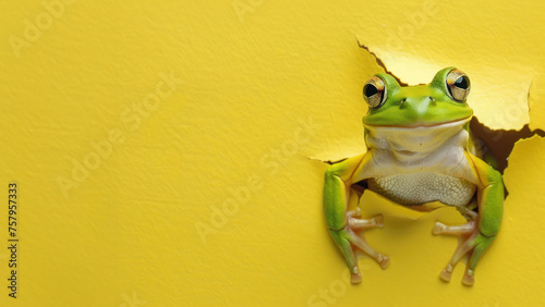 A lively bright green frog making a dynamic entrance through a torn paper on a yellow background
