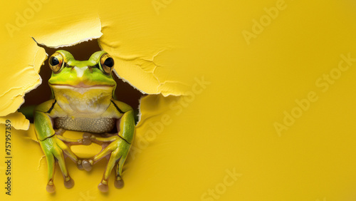 A curious green frog peeking through a yellow torn paper hole, showing surprise and attention with vibrant colors