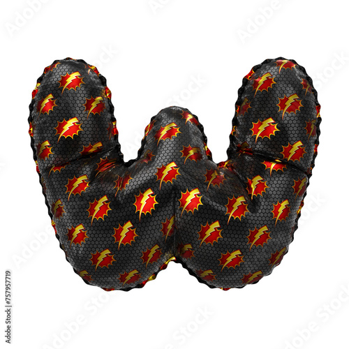 3D inflated balloon letter W with red & yellow power lightning comic hero pattern black surface
