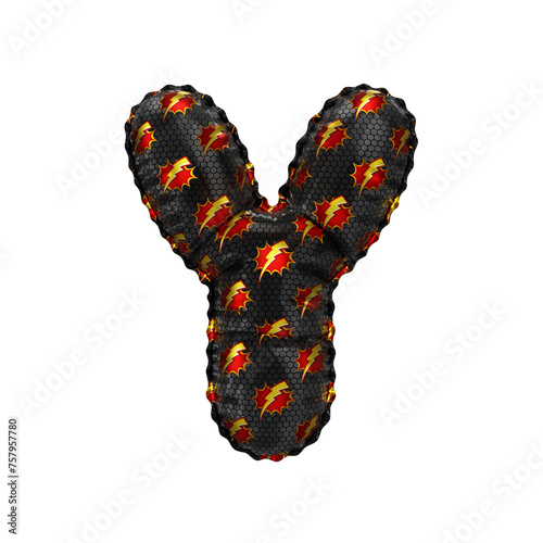 3D inflated balloon letter Y with red & yellow power lightning comic hero pattern black surface