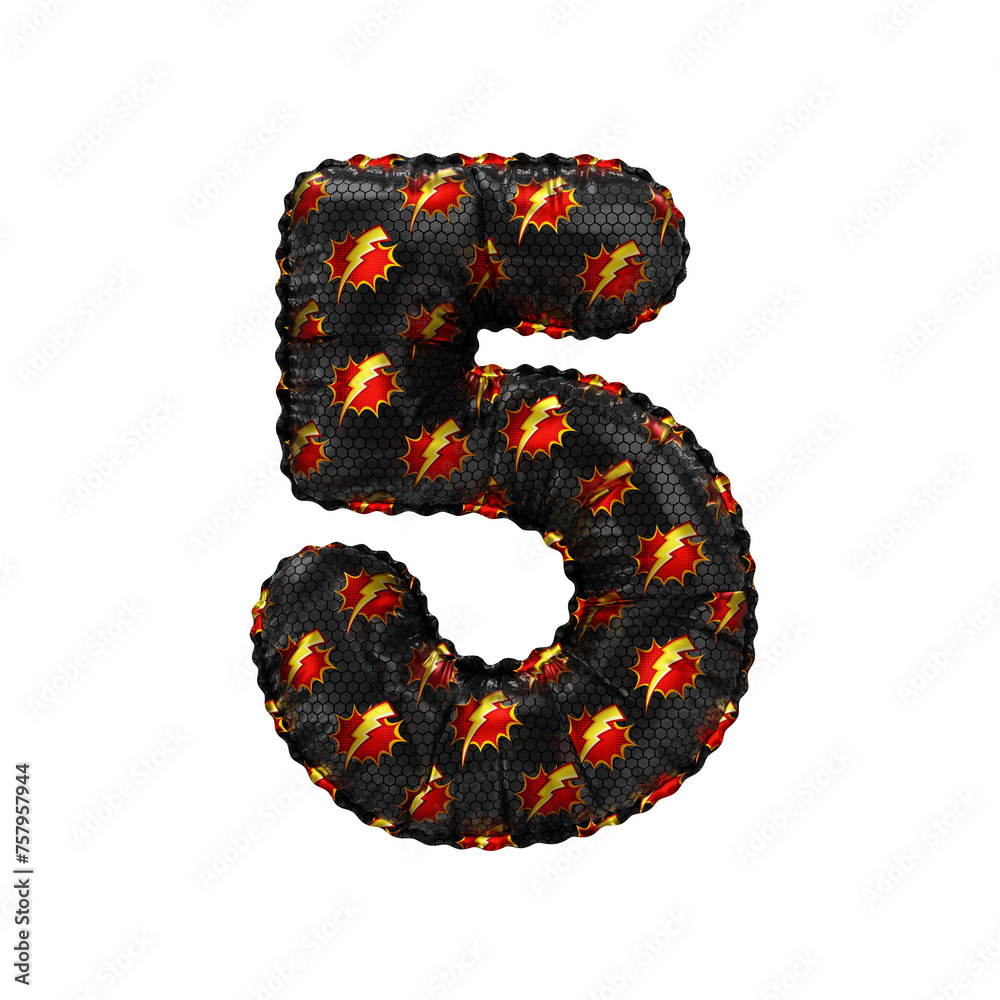 3D inflated balloon Number 5 with red & yellow power lightning comic hero pattern black surface 3D inflated balloon Number 5 with red & yellow power lightning comic hero pattern black surface
