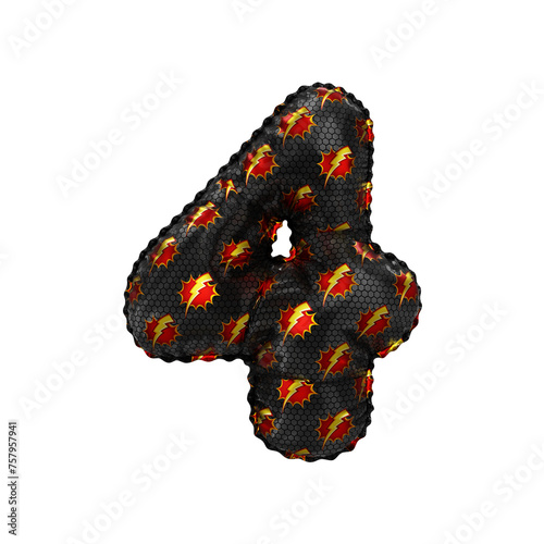 3D inflated balloon Number 4 with red & yellow power lightning comic hero pattern black surface