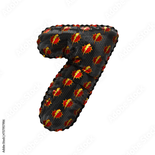 3D inflated balloon Number 7 with red & yellow power lightning comic hero pattern black surface