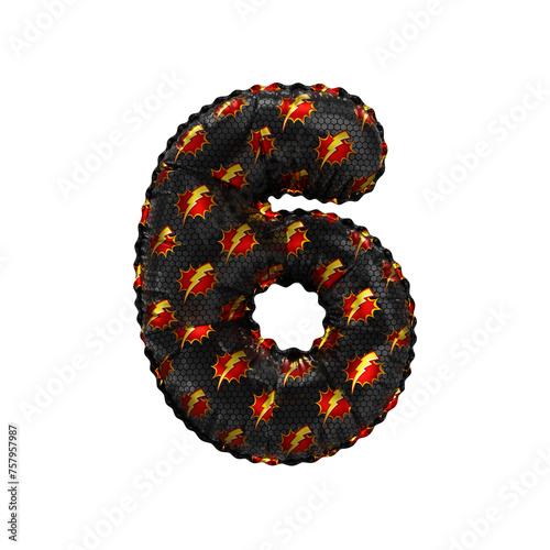 3D inflated balloon Number 6 with red & yellow power lightning comic hero pattern black surface