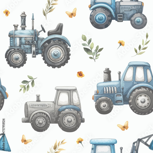 Seamless pattern of watercolor tractor.