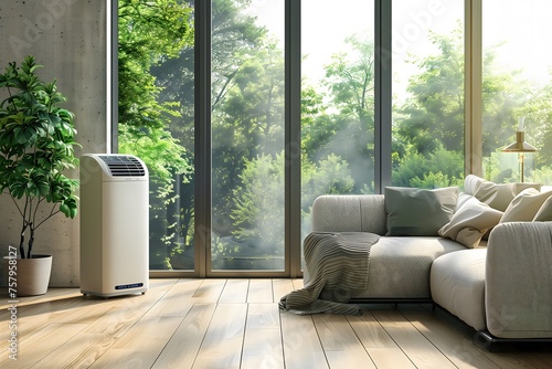 portable air conditioner in a room with a large window and a sofa