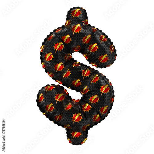 3D inflated balloon Dollar Symbol/sign with red & yellow power lightning comic hero pattern black surface